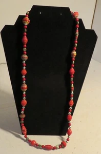 Artisan Boho Handmade Bead Necklace Multi Red Beads 28" Long Beaded Rolled Paper - Picture 1 of 12