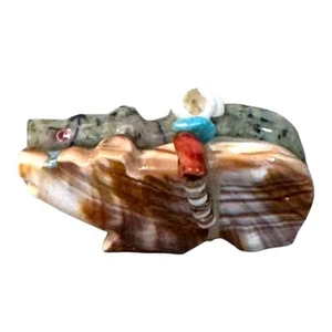 Lunassee Zuni Fetish Double Bear Carving Dalmation Jasper Turquoise Coral Accent - Picture 1 of 8