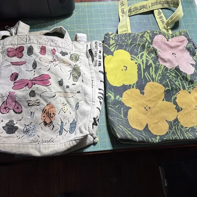 2 Andy Warhol Tote Bags Happy Bug Day & Flowers Vintage Canvas Purse - Image 1 of 4