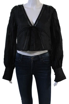 Blusa corta de manga larga negra con montura con cuello en V abotonada talla S Foto 1 de 4