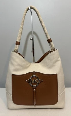 Bolso de Hombro Michael Kors Amy Cuerda Hobo Crema Lona Marrón Cuero Borde MK Logo Foto 1 de 4