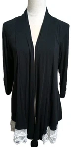 New Directions Black White Lace Trim Hem Long Open Front Cardigan Size Medium - Picture 1 of 14