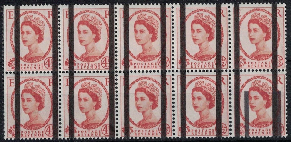G B, P.O. TRAINING SCHOOL, QEII, MULTI CROWN, 4½d BLOCK (10), MISPLACED BARS MNH - Image 1 of 1