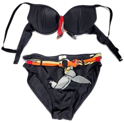 eleMar Frauen Bikini Damen Bademode schwarz-bunter Stoffgürtel Cup B Gr. 42 - Bild 1 von 2
