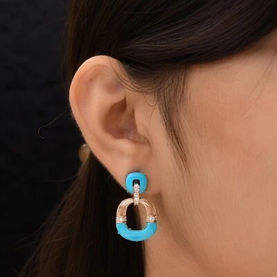 10.85 TCW Blue Turquoise Round H/SI Real Diamond Dangle Earrings 14k Rose Gold - Image 1 of 4