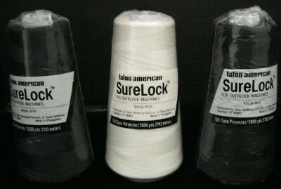 TALON AMERICAN SURELOCK SURE LOCK THREAD FOR  OVERLOCK MACHINES  2 BLACK 1 WHITE - Image 1 of 4