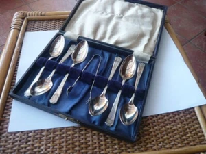 BOXED SET OF SILVER PLATED TEASPOONS & SUGAR NIPS TUDOR ONEIDA COMMUNITY USA - Picture 1 of 6