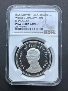 1974 Thailand 50 Baht NGC PF 67 Ultra Cameo Rhinoceros Wildlife Conservation - Picture 1 of 2