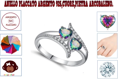Anello,argento 925,cuore,pietra arcobaleno,princess,punto luce,love ring,gemma - Immagine 1 di 4