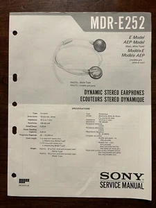 Sony MDR-E252 Dynamic Stereo Earphones Service Manual Original Vintage Genuine - Picture 1 of 2