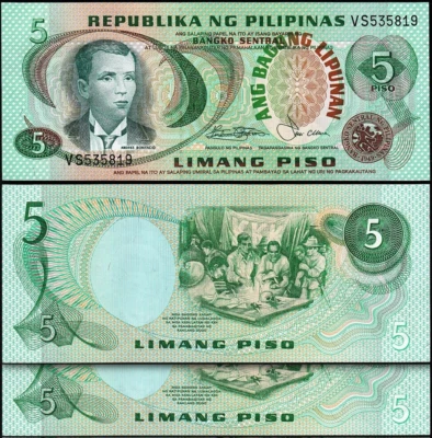 Philippines 5 Piso 1978, UNC, 2 Pcs PAIR, Consecutive, P-160b, Black Serial, S-9 - Image 1 of 4