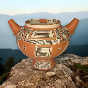 Vintage Mittelamerika Terrakotta Doppelauslauf Trinkgefäß bemalt Keramik - Bild 1 von 7