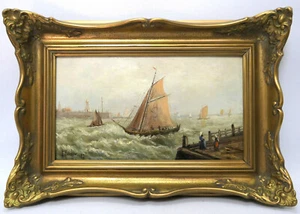 A Kirschner 1897 Fischerboot in der Hafeneinfahrt Öl auf Mahagoni 33,0 x 19,0 cm - Bild 1 von 16