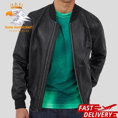 BLACK GENUINE LEATHER BOMBER CLASSIC COMFORT STYLISH JACKET - Image 1 of 4