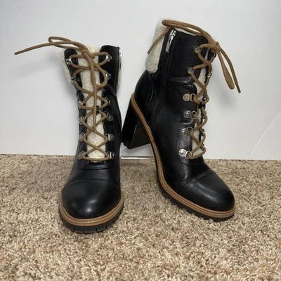 Y2K Boots with Fur Black Leather Heeled Boots Shearling Lined Lace Up Lug Sz 10 - Image 1 of 4
