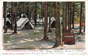 EAST NORTHFIELD MA CAMPGROUND TENTS REED ORGAN IN WOODS 1904 POSTCARD 100925 U - Picture 1 of 2