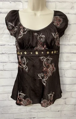 Y2K Heart Soul Babydoll Satin Bling Floral Top 90’s Small Preppy Feminine Fairy - Image 1 of 4