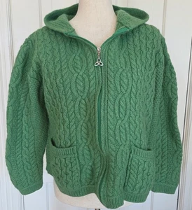 Aran Craft 100% Merino Wool Full Zip Front Cardigan Hood Green Size XL Ireland - Picture 1 of 14