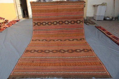 5x8 Vintage Afghan Kilim –Tribal Wool Flatweave Rug –Brown, Beige & Rust Striped - Image 1 of 4