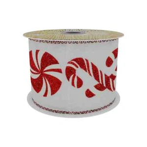 1m, 3m or 9m ~ 63mm Wired Edge Ribbon with Candy Cane Print Red/white Christmas - Picture 1 of 1