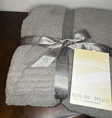 NUEVO CON ETIQUETAS Barefoot Dreams Acogedora Elegante Manta Gris 45"x60" Borde Blanco CozyChic Foto 1 de 4