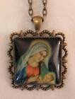 Madonna Mary Holding the Christ Child Scallop Rim Square Brasstone Necklace
