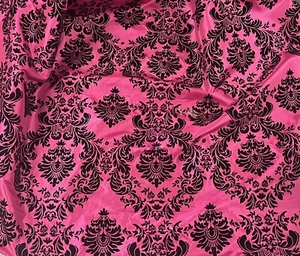 Pink Taffeta Black Flocking Velvet Fabric 60” Width Sold By The Yard - Picture 1 of 4