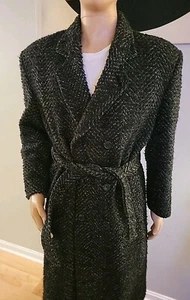 Vintage Forte Wool Textured Trench Mens Size 40 Button Lined Belt Black And Gray - Picture 1 of 15