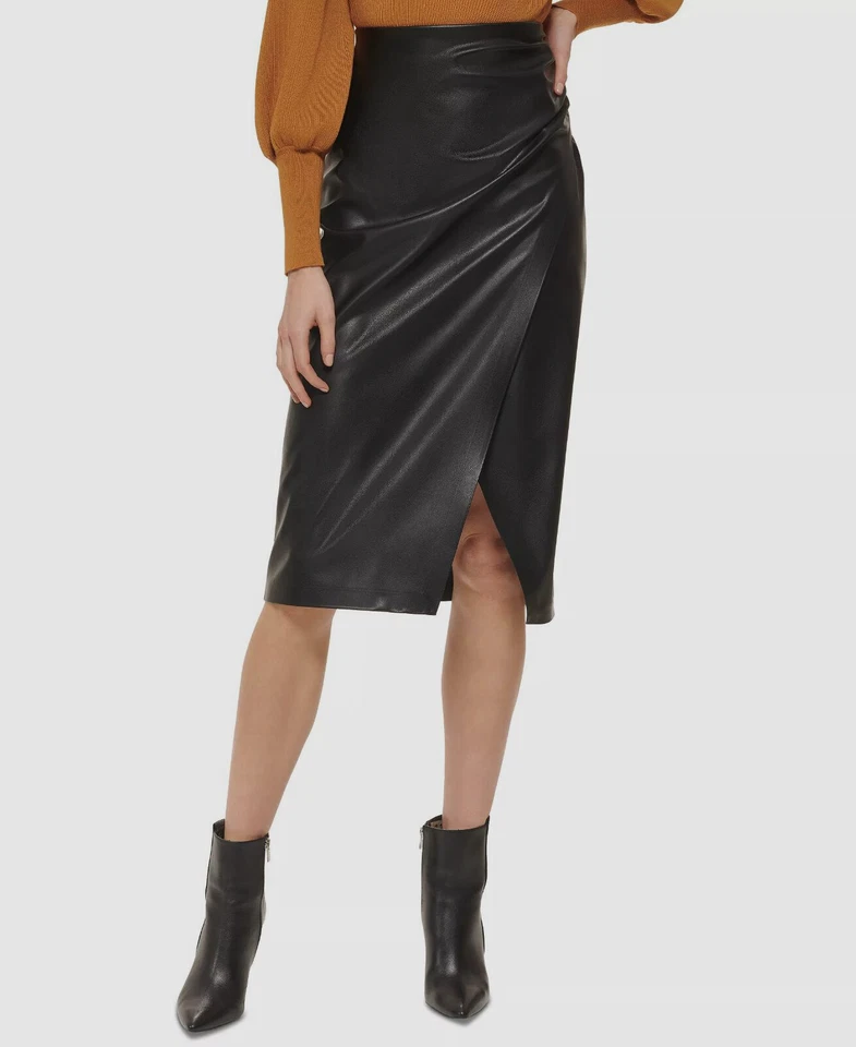 DKNY Women's Faux-Leather Ruched-Side Midi Skirt Size 6 3759