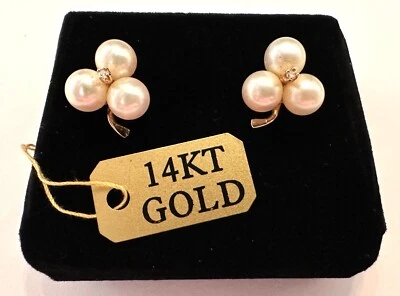 Pearl Earrings 14K Yellow Gold 3 Pearls Clover Flower Diamond Studs - Image 1 of 4