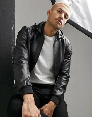 Men's Genuine Leather Hooded Bomber Jacket - Stylish & Durable Leather Outerwear - Image 1 of 4