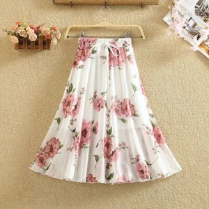 Knee Length Skirt Chiffon Floral Printed Half Dress Pleated A-line Elastic Waist - Picture 1 of 20