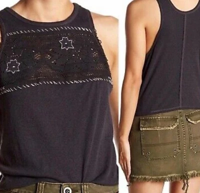 Camiseta sin mangas We the Free People para mujer S gris negra camisa corta bordada estrella encaje Foto 1 de 4