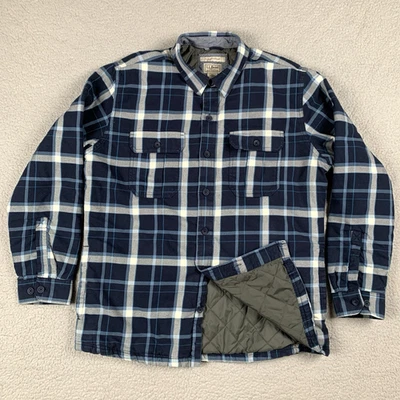 LL Bean Flannel Shirt Jacket Mens Large Blue White Plaid Quilted Lining Shacket - Image 1 of 4