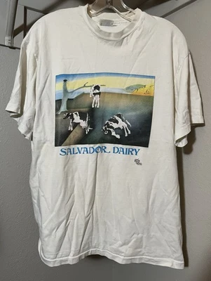 Винтажная футболка «Salvador Dairy» мужская размер большой белый 80-е пародия на Дали смешная сделано в США - Изображение 1 из 4