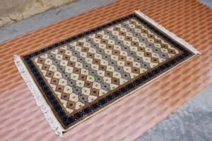 Alfombra de lana beige alfombra oriental a rayas para sala de estar 4x6 turca anudada a mano - Imagen 1 de 5