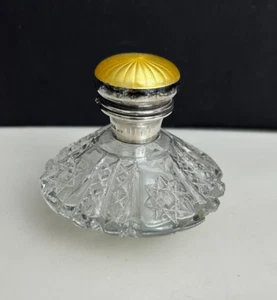 Art Deco English Cut Crystal Scent Bottle Sterling Silver Guilloché Enamel Cap - Picture 1 of 20