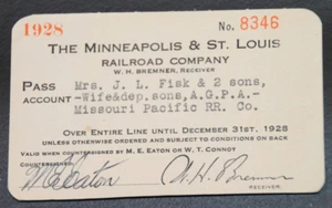 MINNEAPOLIS & ST. LOUIS RAILROAD CO. 1928 pass No. 8346 Issued to Mo Pacific RR - Picture 1 of 2