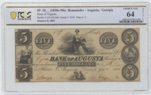 1830's-50's $5 Bank of Augusta, Georgia Obsolete Remainder PCGS CU64 - Picture 1 of 2