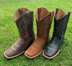 STIVALI JEANS RODEO COWBOY IN PELLE WESTERN PUNTA QUADRATA DA UOMO 387 - Foto 1 di 18