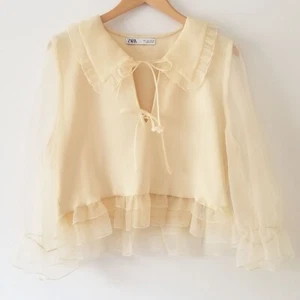 Zara Peterpan Collar Sheer Organza Combination Knit Sweater L Cream Ivory Ruffle - Picture 1 of 13
