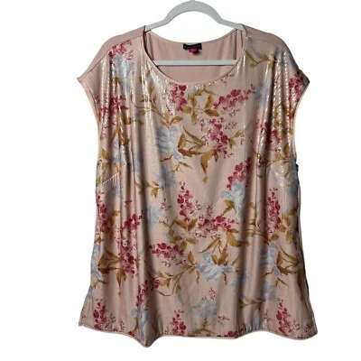 Vince Camuto Top Womens Size 1X Pink Floral Sequin Cap Sleeve Pullover Blouse - Image 1 of 4