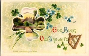 Postal Dios los bendiga Antigua Irlanda Dinis Cottage Killarney Irlanda Trébol de cuatro hojas - Imagen 1 de 2
