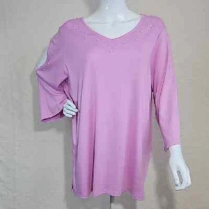 Quacker Factory Pearl Embelleshed 3/4 Slit Sleeves Pink Knit Top - Plus Size 1X - Picture 1 of 12