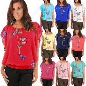 LADIES CHIFFON BUTTERFLY PRINT BLOUSE TOP WOMEN PLUS SIZE FREE NECKLACE TOP 8-22 - Picture 1 of 52