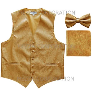 New Vesuvio Napoli Men's paisley Tuxedo Vest Waistcoat_Bowtie & Hankie Gold prom - Picture 1 of 5