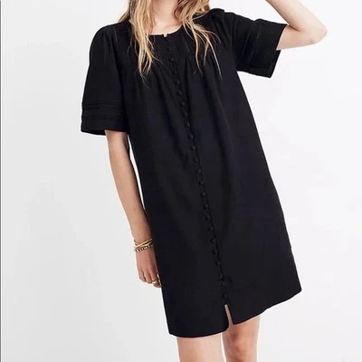 Vestido Madewell Feminino Extra Pequeno Plissado Botão Frontal Shift Preto Manga Curta - Imagem 1 de 4