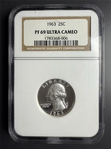 1963 WASHINGTON QUARTER 25C PF69 ULTRA CAMEO NGC SILVER PROOF PR69 DCAM SKU 3888 - Picture 1 of 2