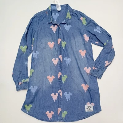 Boxlunch Disney Mickey Paint Drip 100th Denim Chambray Long Sleeve Shirt Dress - Image 1 of 4