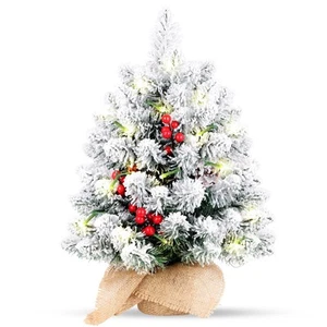 20 Inch Flocked Mini Christmas Tree with Lights, Berries and Cloth Bag Base, ... - Picture 1 of 9